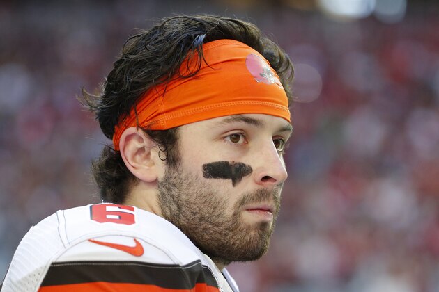 Cleveland Browns quarterback Baker Mayfield (6) during an NFL football game against the Arizona Cardinals, Sunday, Dec. 15, 2019, in Glendale, Ariz. (AP Photo/Rick Scuteri)