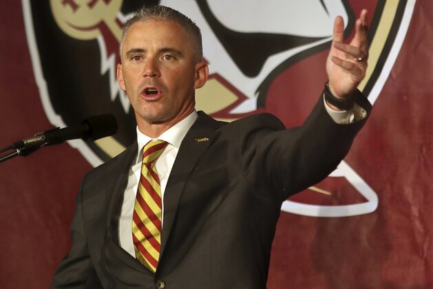 Florida State head football coach Mike Norvell speaks at a press conference Sunday, Dec. 8, 2019, in Tallahassee, Fla. Norvell is Florida State's new coach, taking over a Seminoles program that has struggled while he was helping to build Memphis into a Group of Five power. (AP Photo/Phil Sears)