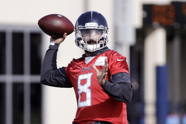Tennessee Titans quarterback Marcus Mariota throws during an NFL football practice Thursday, Jan. 16, 2020, in Nashville, Tenn. The Titans are scheduled to face the Kansas City Chiefs in the AFC Championship game Sunday. (AP Photo/Mark Humphrey)