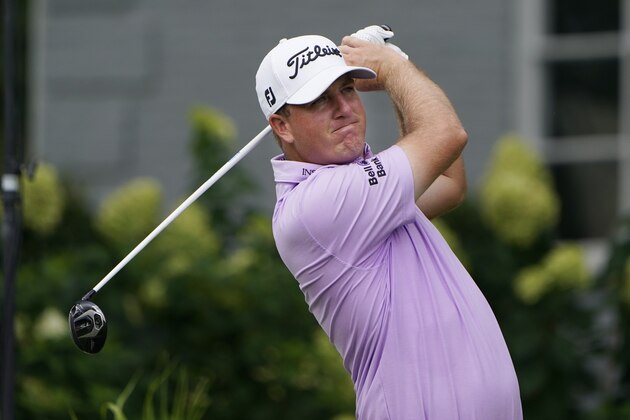 Tom Hoge drives on the 18th hole during the second round of the Wyndham Championship golf tournament at Sedgefield Country Club on Friday, Aug. 14, 2020, in Greensboro, N.C. (AP Photo/Chris Carlson)