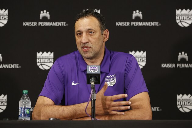 Sacramento Kings general manager Vlade Divac answers questions concerning the decision to fire coach Dave Joerger, Thursday, April 11, 2019, in Sacramento, Calif. Divac said he had been contemplating the decision to change coaches for a while and ultimately made it after the NBA basketball team stumbled to the finish with a 9-16 record after the All-Star break. (AP Photo/Rich Pedroncelli) Sacramento Kings general manager Vlade Divac answers questions concerning the decision to fire coach Dave Joerger, Thursday, April 11, 2019, in Sacramento, Calif. Divac said he had been contemplating the decision to change coaches for a while and ultimately made it after the NBA basketball team stumbled to the finish with a 9-16 record after the All-Star break. (AP Photo/Rich Pedroncelli)