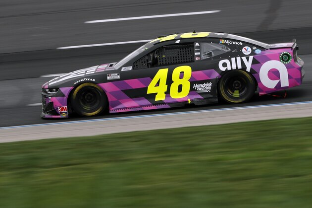 Driver Jimmie Johnson (48) races during a NASCAR Cup Series auto race, Sunday, Aug. 2, 2020, at the New Hampshire Motor Speedway in Loudon, N.H. (AP Photo/Charles Krupa)