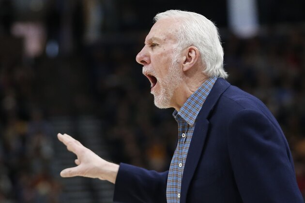 San Antonio Spurs coach Gregg Popovich shouts to the team during the second half of an NBA basketball game against the Utah Jazz on Friday, Feb. 21, 2020, in Salt Lake City. (AP Photo/Rick Bowmer)