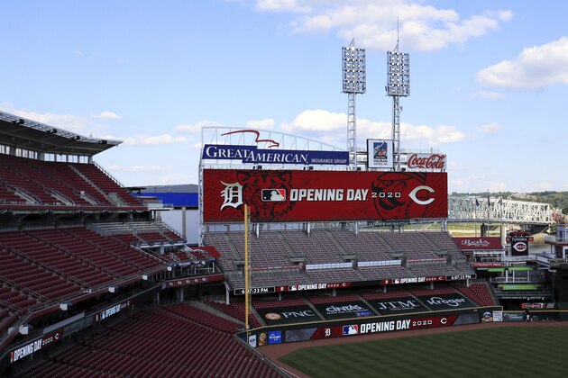 A view of the video board showing the Opening Day logos prior to a baseball game between the Detroit Tigers and the Cincinnati Reds at Great American Ball Park in Cincinnati, Friday, July 24, 2020. The Reds won 7-1. (AP Photo/Aaron Doster)
