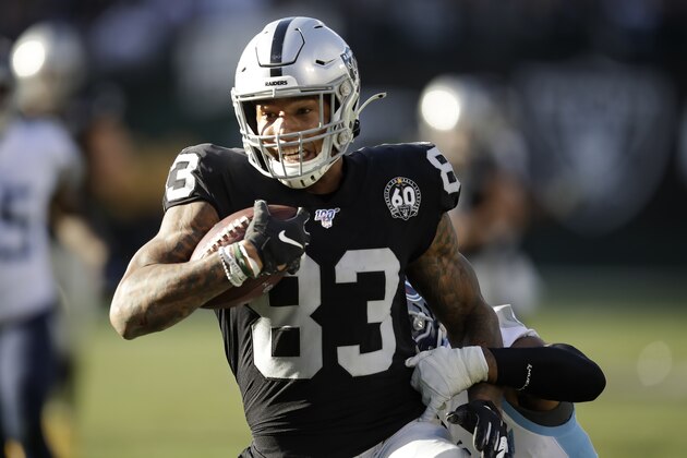 Oakland Raiders tight end Darren Waller (83) runs against the Tennessee Titans during the first half of an NFL football game in Oakland, Calif., Sunday, Dec. 8, 2019. (AP Photo/Ben Margot)