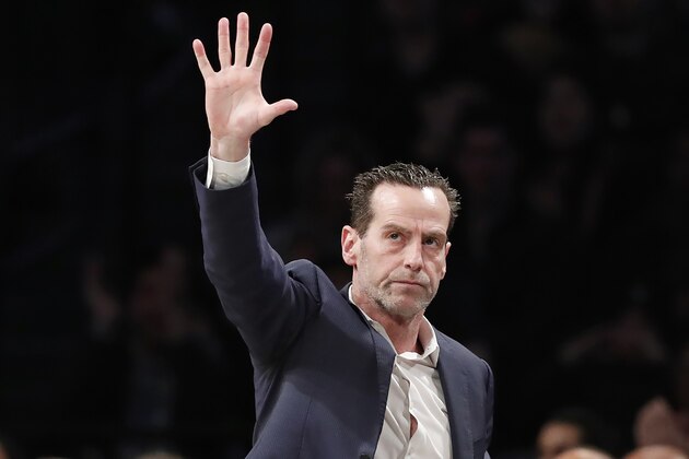 Brooklyn Nets head coach Kenny Atkinson gestures from the sideline during the second half of an NBA basketball game against the Orlando Magic, Monday, Feb. 24, 2020, in New York. (AP Photo/Kathy Willens)