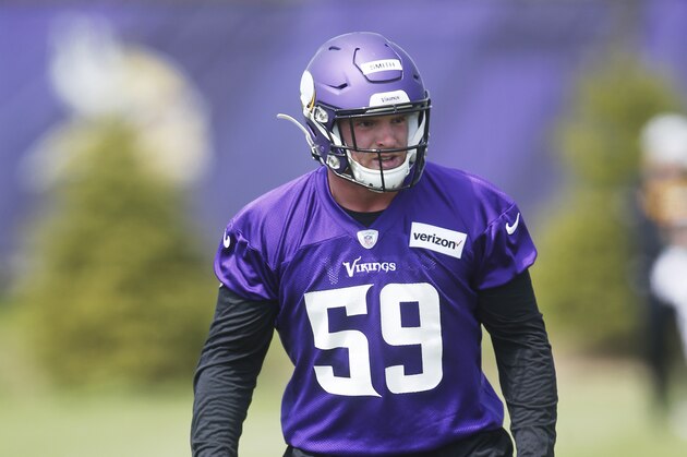 Minnesota Vikings linebacker Cameron Smith works out during rookie minicamp at the NFL football team's complex Friday, May 3, 2019, in Eagan, Minn. (AP Photo/Jim Mone)