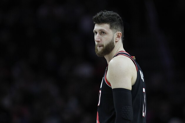 Portland Trail Blazers center Jusuf Nurkic (27) during an NBA basketball game against the Philadelphia 76ers, Saturday, Feb. 23, 2019, in Philadelphia. (AP Photo/Laurence Kesterson)