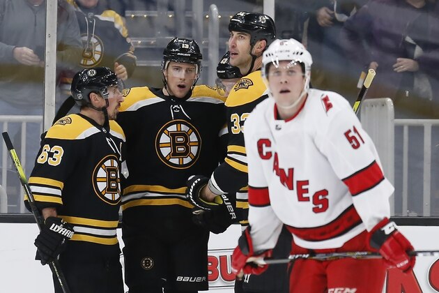 Boston Bruins' Charlie Coyle (13) celebrates his goal as Carolina Hurricanes' Jake Gardiner (51) skates away during the third period of an NHL hockey game in Boston, Tuesday, Dec. 3, 2019. (AP Photo/Michael Dwyer)