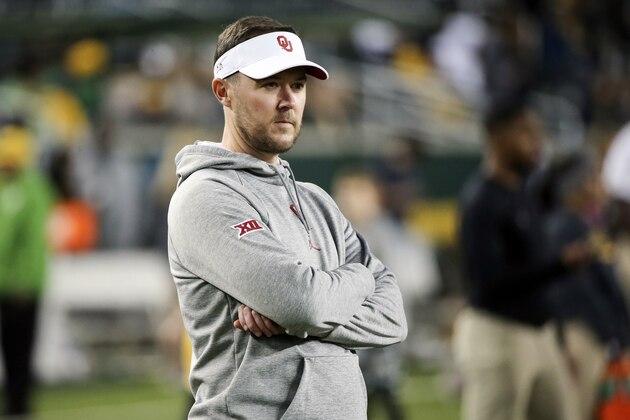 Oklahoma head coach Lincoln Riley watches warmups before an NCAA college football game against Baylor in Waco, Texas, Saturday, Nov. 16, 2019. (AP Photo/Ray Carlin)