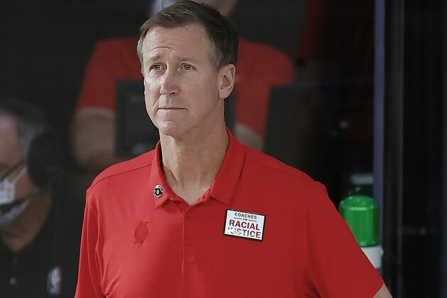 Portland Trail Blazers' Terry Stotts looks on during the first half of an NBA basketball game against the Denver Nuggets Thursday, Aug. 6, 2020, in Lake Buena Vista, Fla. (Kevin C. Cox/Pool Photo via AP)
