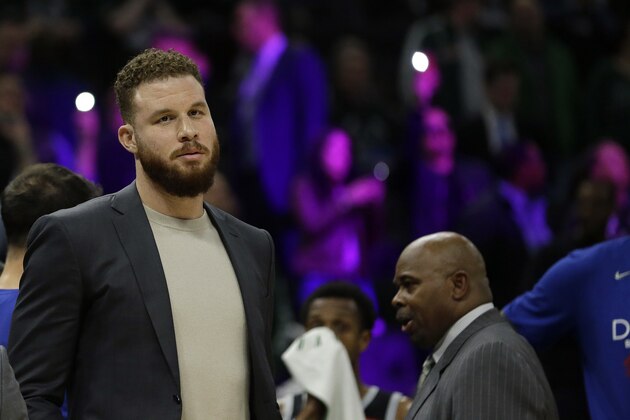 Detroit Pistons' Blake Griffin watches from the bench during the second half of Game 2 of an NBA basketball first-round playoff series against the Milwaukee Bucks Wednesday, April 17, 2019, in Milwaukee. The Bucks won 120-99. (AP Photo/Aaron Gash)