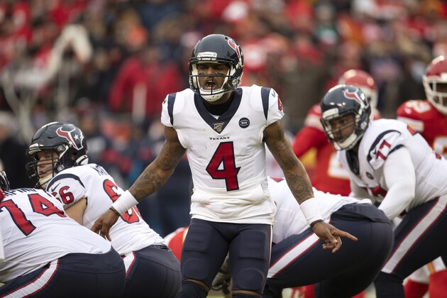 Houston Texans quarterback Deshaun Watson (4)calls out to his players at the line of scrimmage during an NFL divisional playoff football game against the Kansas City Chiefs in Kansas City, Mo., Sunday, Jan. 12, 2020. (AP Photo/Colin E. Braley)
