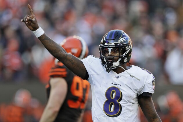 Baltimore Ravens quarterback Lamar Jackson (8) gives a signal during the second half of an NFL football game against the Cleveland Browns, Sunday, Dec. 22, 2019, in Cleveland. (AP Photo/Ron Schwane)