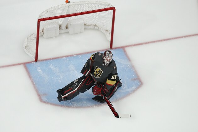 Vegas Golden Knights goaltender Robin Lehner (90) plays against the Buffalo Sabres in an NHL hockey game Friday, Feb. 28, 2020, in Las Vegas. (AP Photo/John Locher)
