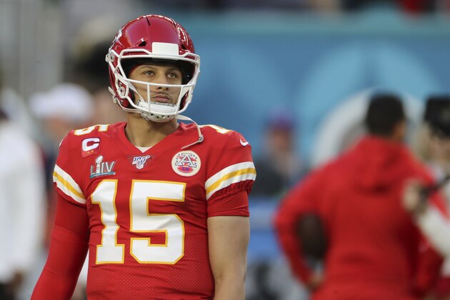 Kansas City Chiefs quarterback Patrick Mahomes (15) warms up before a game against the San Francisco 49ers at Super Bowl 54 on Feb. 2, 2020, in Miami Gardens, Fla. The Chiefs won the game 31-20. (AP Photo/Gregory Payan)