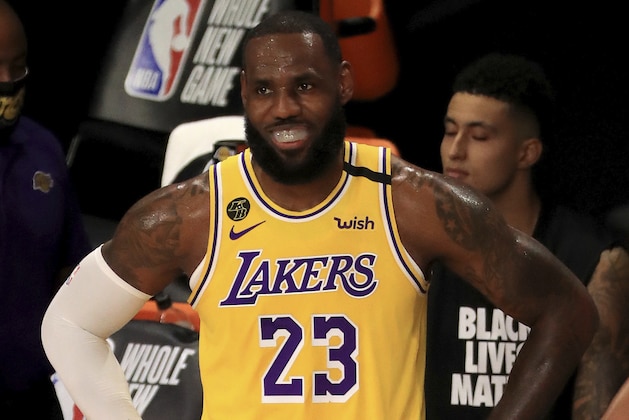 Los Angeles Lakers' LeBron James reacts  during an NBA basketball game against the Los Angeles Clippers during the first quarter Thursday, July 30, 2020, in Lake Buena Vista, Fla. (Mike Ehrmann/Pool Photo via AP)
