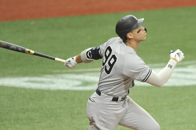 New York Yankees' Aaron Judge bats against the Tampa Bay Rays during a baseball game Sunday, Aug. 9, 2020, in St. Petersburg, Fla. (AP Photo/Steve Nesius)