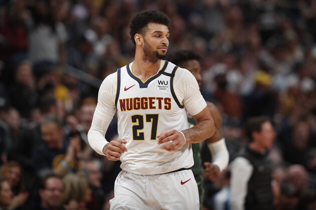 Denver Nuggets guard Jamal Murray (27) in the second half of an NBA basketball game Monday, March 9, 2020, in Denver. The Nuggets won 109-95. (AP Photo/David Zalubowski)