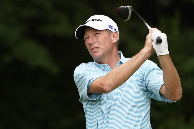 Jim Herman watches his ball off the second tee during the final round of the Wyndham Championship golf tournament at Sedgefield Country Club on Sunday, Aug. 16, 2020, in Greensboro, N.C. (AP Photo/Chris Carlson)