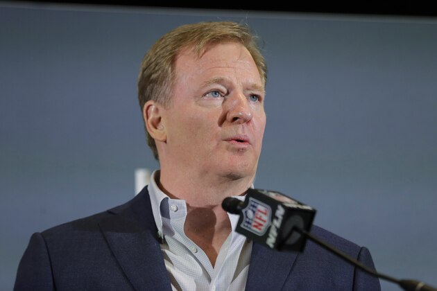 FILE - In this Feb. 3, 2020 file photo NFL Commissioner Roger Goodell speaks during a news conference in Miami. The NFL has set protocols for reopening team facilities and has told the 32 teams to have them in place by May 15. In a memo sent by Goodell and obtained Wednesday, May 6, 2020 by The Associated Press, several phases of the protocols were laid out. The first phase would involve a limited number of non-player personnel, initially 50 percent of the non-player employees (up to a total of 75) on any single day, being approved to be at the facility. But state or local regulations could require a lower number. (AP Photo/Brynn Anderson, file)