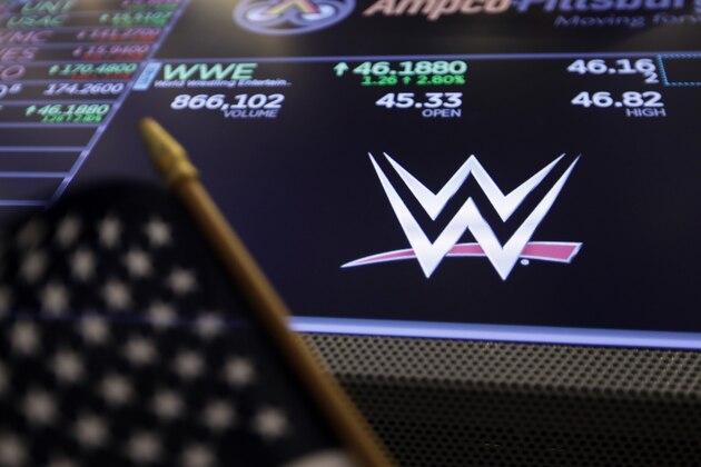 The logo for World Wrestling Entertainment, Inc., WWE, appears above a trading post on the floor of the New York Stock Exchange, Tuesday, Feb. 18, 2020. (AP Photo/Richard Drew)