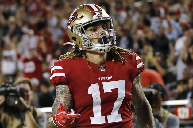 San Francisco 49ers wide receiver Jalen Hurd celebrates after scoring against the Dallas Cowboys during the second half of an NFL preseason football game in Santa Clara, Calif., Saturday, Aug. 10, 2019. (AP Photo/Josie Lepe)