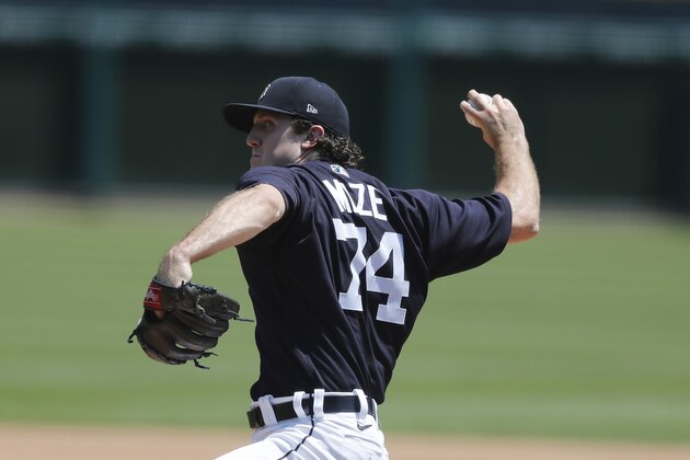 Detroit Tigers pitcher Casey Mize throws during baseball training camp, Monday, July 6, 2020, in Detroit. (AP Photo/Carlos Osorio)