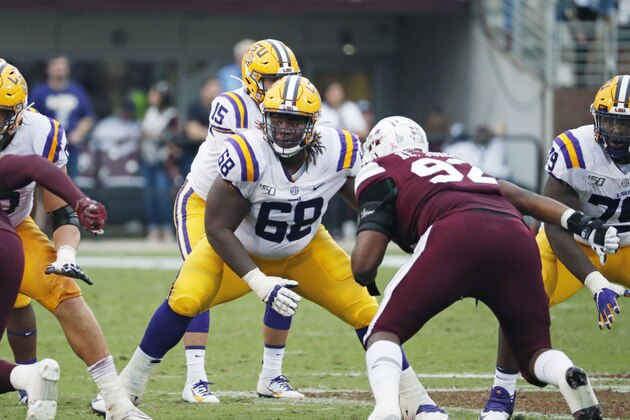 LSU guard Damien Lewis (68) readies for a play against Mississippi State defensive tackle Kendell Jones (92) during the first half of their NCAA college football game in Starkville, Miss., Saturday, Oct. 19, 2019. LSU won 36-13. (AP Photo/Rogelio V. Solis)