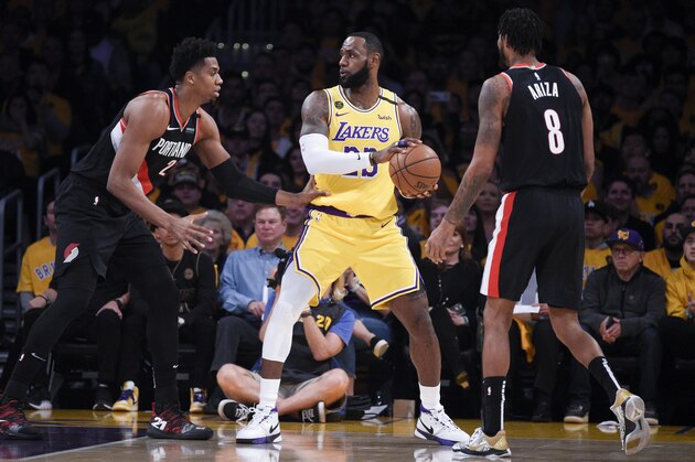 Los Angeles Lakers forward LeBron James in action during the second half of an NBA basketball game against the Portland Trail Blazers in Los Angeles, Friday, Jan. 31, 2020. (AP Photo/Kelvin Kuo)