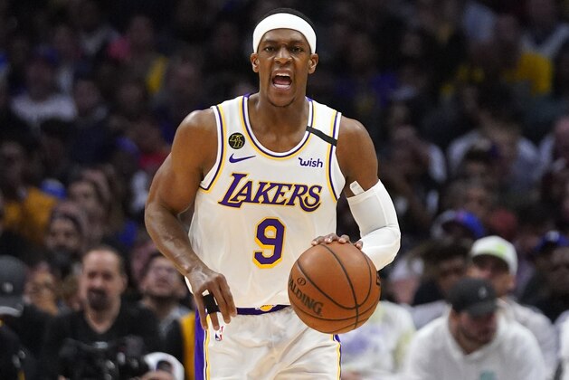 Los Angeles Lakers guard Rajon Rondo dribbles during the second half of an NBA basketball game against the Los Angeles Clippers Sunday, March 8, 2020, in Los Angeles. The Lakers won 112-103. (AP Photo/Mark J. Terrill)
