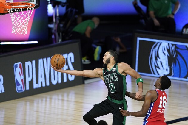 Boston Celtics' Jayson Tatum (0) shoots as Philadelphia 76ers' Shake Milton (18) defends during the second half of an NBA basketball first round playoff game Monday, Aug. 17, 2020, in Lake Buena Vista, Fla. (AP Photo/Ashley Landis, Pool)