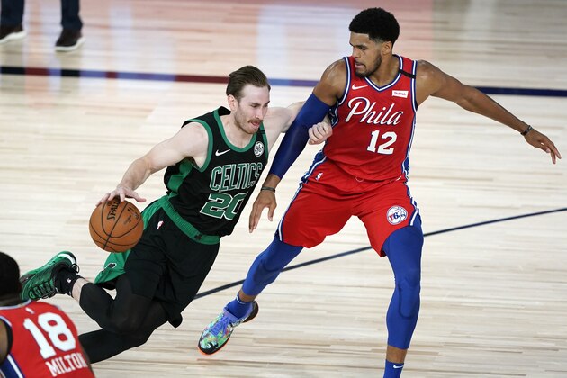 Boston Celtics' Gordon Hayward (20) drives toward the basket as Philadelphia 76ers' Tobias Harris (12) defends during the first half of an NBA basketball first round playoff game Monday, Aug. 17, 2020, in Lake Buena Vista, Fla. (AP Photo/Ashley Landis, Pool)