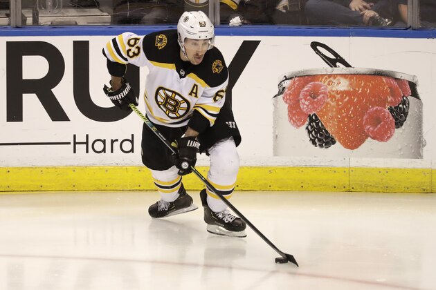 Boston Bruins left wing Brad Marchand skates during the third period of an NHL hockey game against the Florida Panthers, Thursday, March 5, 2020, in Sunrise, Fla. (AP Photo/Wilfredo Lee)