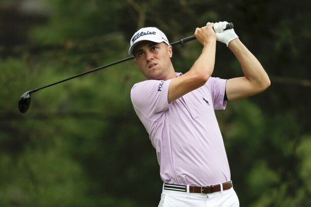 Justin Thomas hits on the second hole during the final round of the Workday Charity Open golf tournament, Sunday, July 12, 2020, in Dublin, Ohio. (AP Photo/Darron Cummings)
