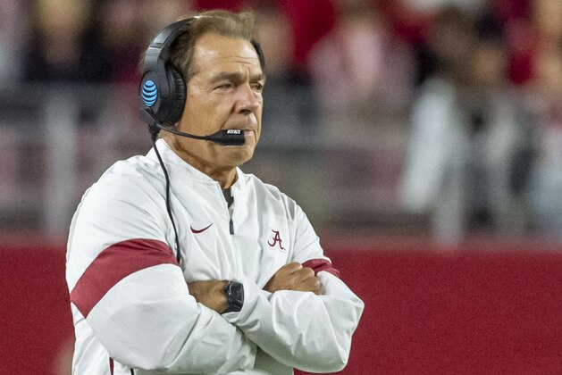 Alabama head coach Nick Saban looks on against Arkansas during the first half of an NCAA college football game, Saturday, Oct. 26, 2019, in Tuscaloosa, Ala. (AP Photo/Vasha Hunt)