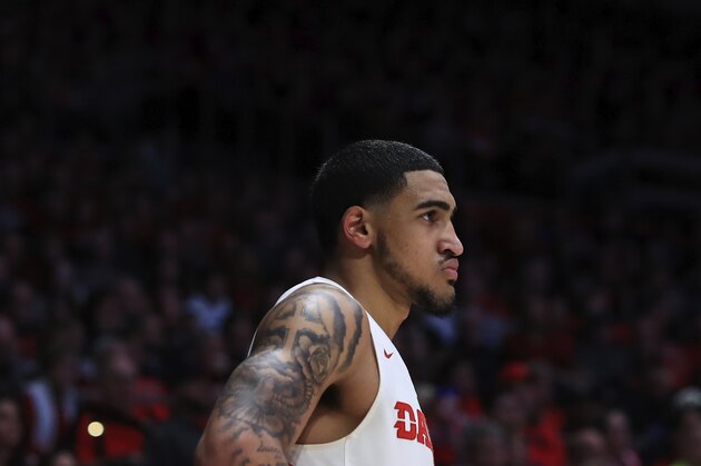 Dayton's Obi Toppin (1) stands on the court in the second half of an NCAA college basketball game against Duquesne, Saturday, Feb. 22, 2020, in Dayton, Ohio. Dayton won 80-70. (AP Photo/Aaron Doster)