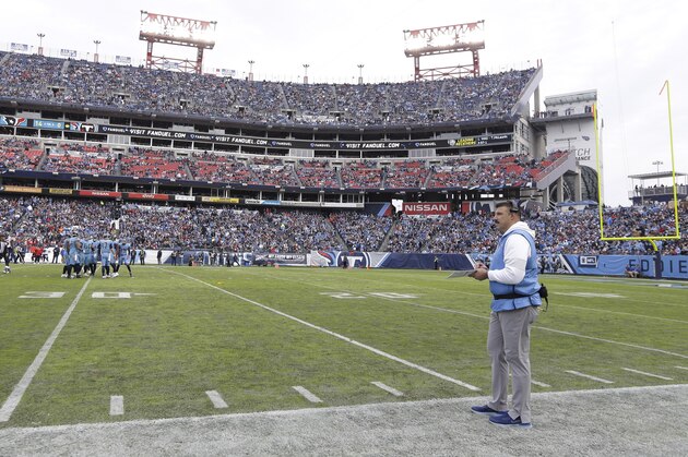 Tennessee Titans head coach Mike Vrabel watches from the sideline in the second half of an NFL football game against the Houston Texans Sunday, Dec. 15, 2019, in Nashville, Tenn. (AP Photo/James Kenney)
