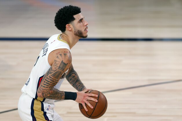 New Orleans Pelicans' Lonzo Ball shoots against the Sacramento Kings during the first half of an NBA basketball game Tuesday, Aug. 11, 2020, in Lake Buena Vista, Fla. (Mike Ehrmann/Pool Photo via AP)
