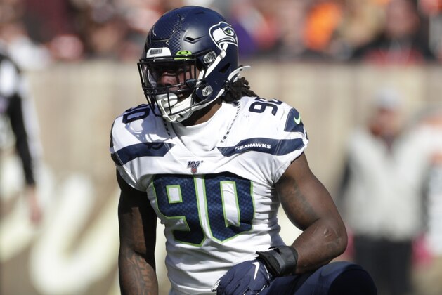Seattle Seahawks outside linebacker Jadeveon Clowney (90) plays against the Cleveland Browns during the second half of an NFL football game, Sunday, Oct. 13, 2019, in Cleveland. (AP Photo/Ron Schwane)
