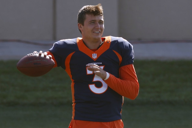 Denver Broncos quarterback Drew Lock takes part in drills during an NFL football camp practice Monday, Aug. 17, 2020, in Englewood, Colo. (AP Photo/David Zalubowski)