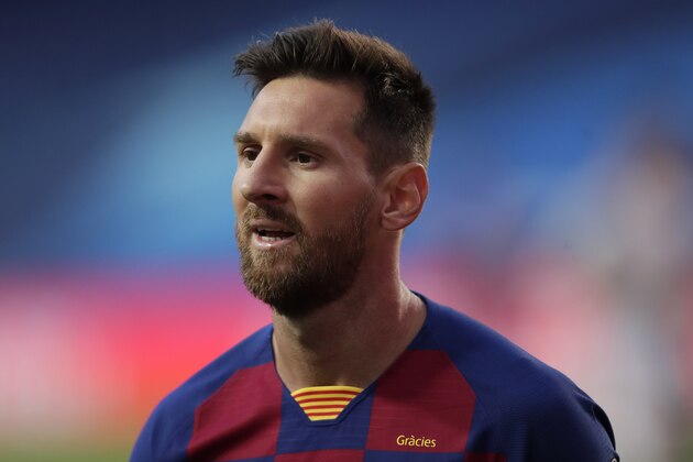 Barcelona's Lionel Messi during the Champions League quarterfinal match between FC Barcelona and Bayern Munich at the Luz stadium in Lisbon, Portugal, Friday, Aug. 14, 2020. (AP Photo/Manu Fernandez/Pool)