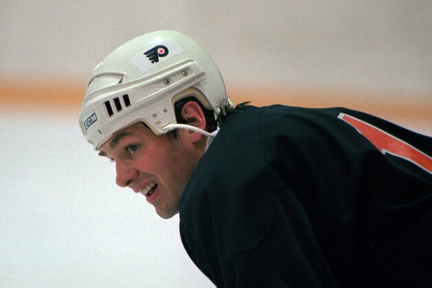 Dale Hawerchuk, a forward with the Philadelphia Flyers, takes a rest during practice at the Coliseum in Voorhees, N.J., Tuesday, April 30, 1996. Hawerchuk, a hockey phenom who became the face of the Winnipeg Jets en route to the Hall of Fame, has died at the age of 57 after a battle with cancer. The Ontario Hockey Leagueâ€™s Barrie Colts, a team Hawerchuk coached, confirmed the death on Twitter on Tuesday, Aug. 18, 2020. (AP Photo/Nanine Hartzenbusch)