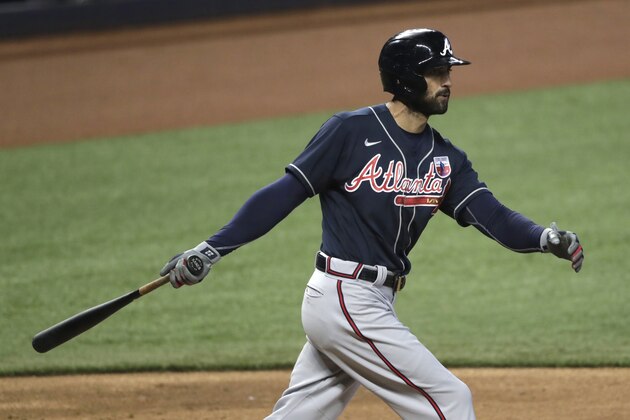 Atlanta Braves' Nick Markakis bats during the fourth inning of a baseball game against the Miami Marlins, Sunday, Aug. 16, 2020, in Miami. (AP Photo/Lynne Sladky)