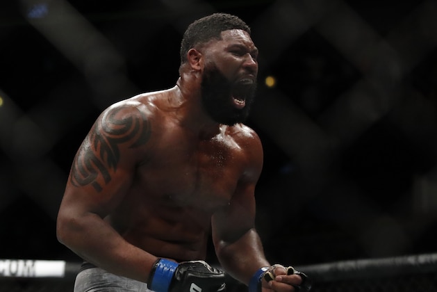 Curtis Blaydes celebrates his win over Alistair Overeem during their heavyweight UFC 225 Mixed Martial Arts bout Saturday, June 9, 2018, in Chicago. (AP Photo/Jim Young)