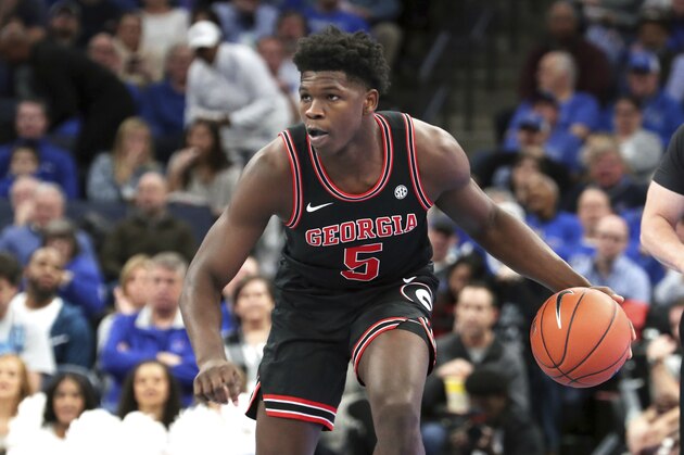 Georgia Anthony Edwards (5) looks to pass in the second half of an NCAA college basketball game against Memphis Saturday, Jan. 4, 2020, in Memphis, Tenn. (AP Photo/Karen Pulfer Focht)