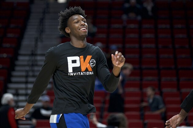 Memphis center James Wiseman warms up for the team's NCAA college basketball game against Oregon in Portland, Ore., Tuesday, Nov. 12, 2019. (AP Photo/Craig Mitchelldyer) Memphis center James Wiseman warms up for the team's NCAA college basketball game against Oregon in Portland, Ore., Tuesday, Nov. 12, 2019. (AP Photo/Craig Mitchelldyer)