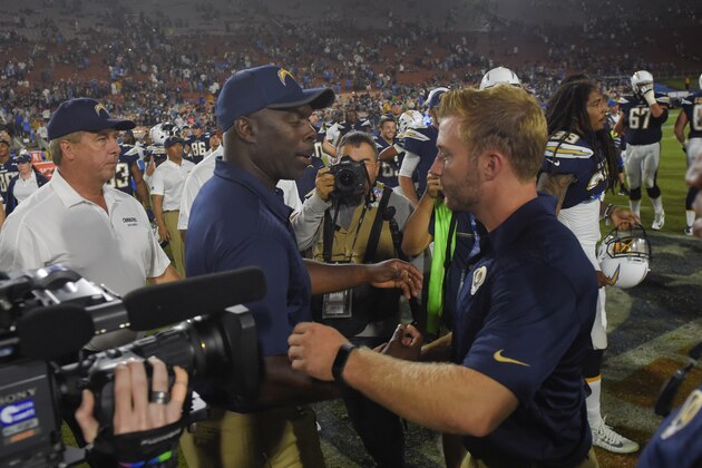 Los Angeles Chargers head coach Anthony Lynn, left, greets Los Angeles Rams head coach Sean McVay, right, after a preseason NFL football game Saturday, Aug. 26, 2017, in Los Angeles. (AP Photo/Mark J. Terrill)