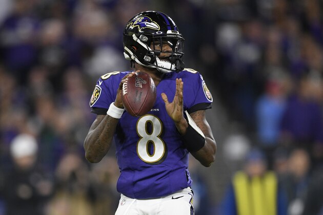 Baltimore Ravens quarterback Lamar Jackson (8) during the first half an NFL divisional playoff football game against the Tennessee Titans, Saturday, Jan. 11, 2020, in Baltimore. (AP Photo/Nick Wass)