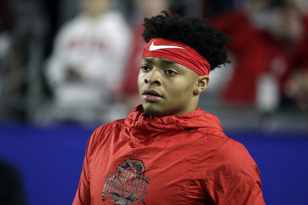 Ohio State quarterback Justin Fields (1) during the first half of the Fiesta Bowl NCAA college football game against Clemson, Saturday, Dec. 28, 2019, in Glendale, Ariz. (AP Photo/Rick Scuteri).